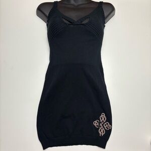 Y2K Karv Black Knit Mini Dress S Cutout Ribbed Detail Embroidered Logo